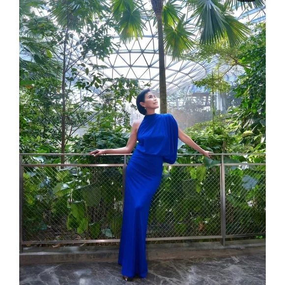 Zara Draped Cape Dress Maxi Blue NWT - Picture 5 of 16